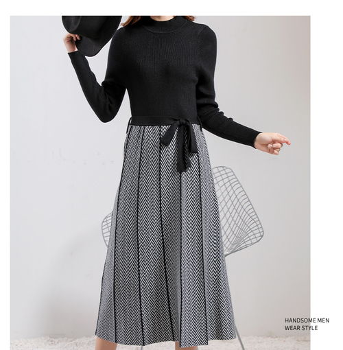 施悅名 韓風休閑毛織連衣裙修身顯瘦拼接毛衣格紋裙擺中長款裙子時尚女裝a