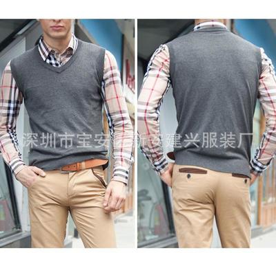 新款商務男士套頭無袖毛衣 純色純棉，來版定做，來圖起